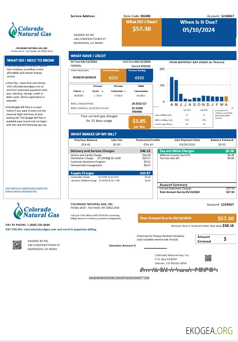 Modèle de facture de services publics pour les entreprises de gaz naturel du Colorado aux États Unis aux formats Word et PDF